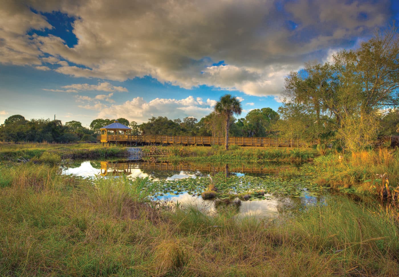 Landscape photo of the Conservancy bridge entrance.
